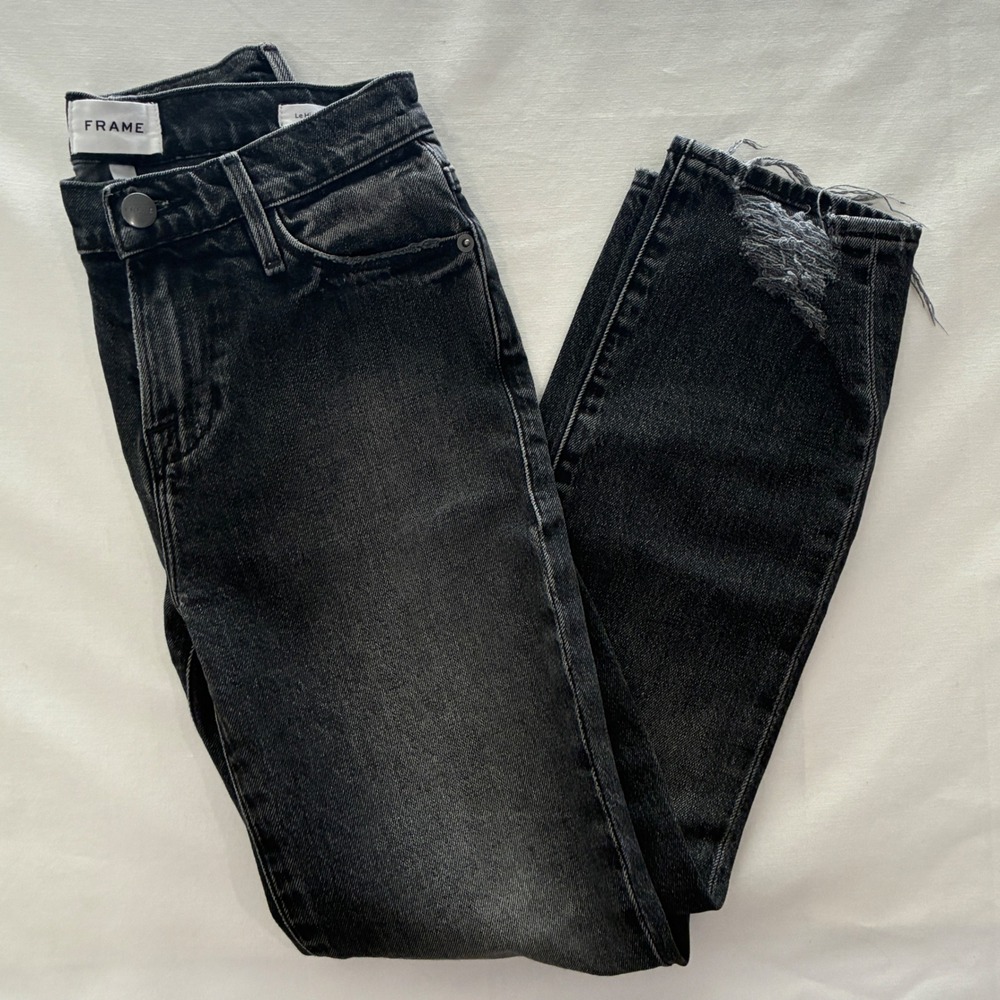FRAME Le High Straight Jeans Women 23 Black Wash Distressed Raw Hem Rocker Edgy